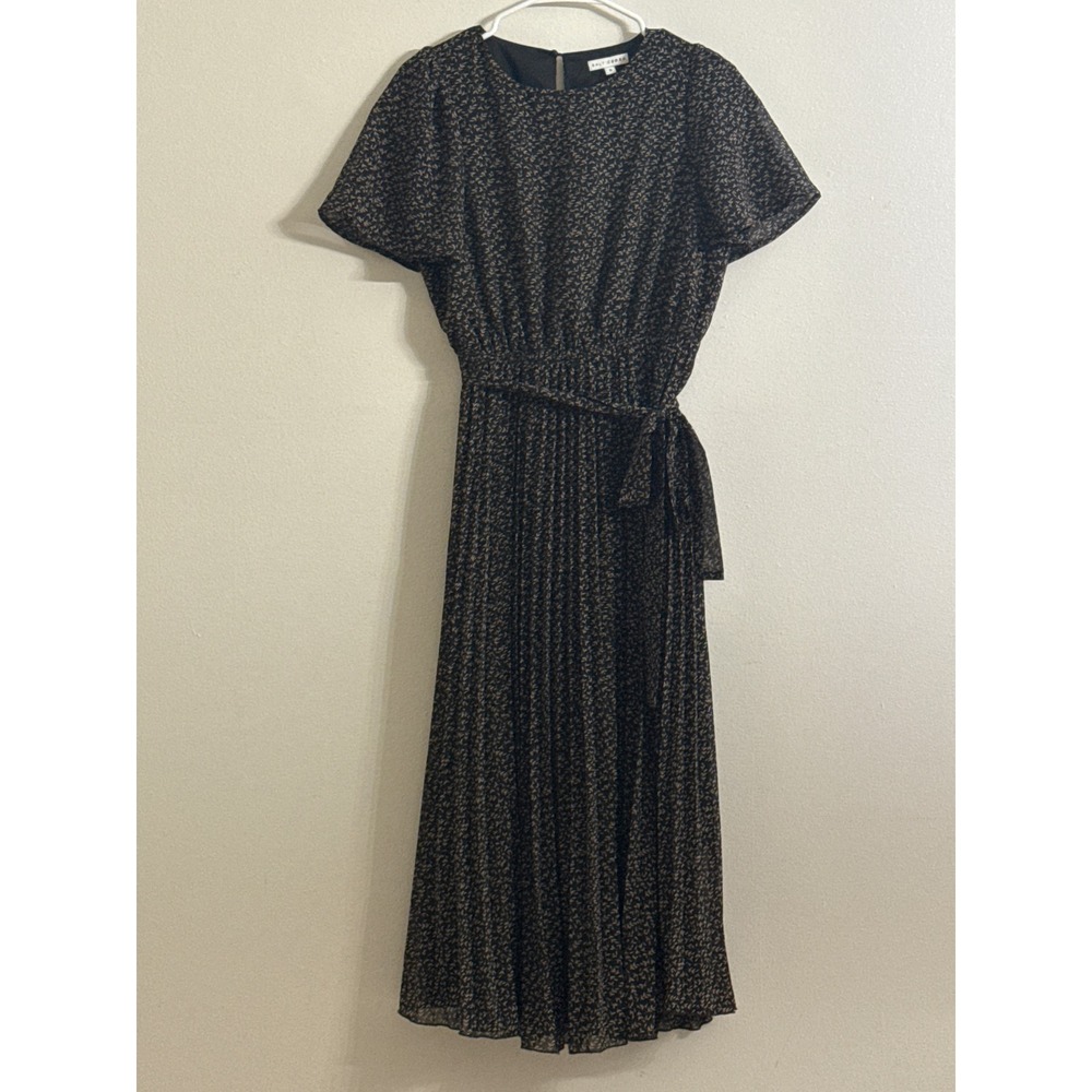 Baltic Born Prim Pleated Dress Black Tan Leaf Print  Short Flutter Sleeve Small - Picture 2 of 9